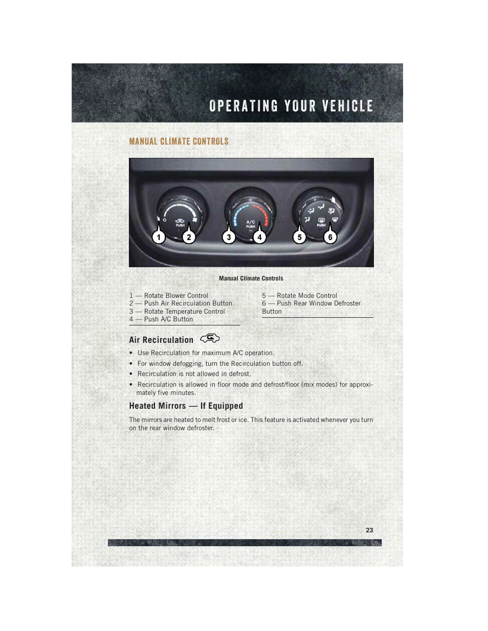 Manual climate controls, Air recirculation, Heated mirrors — if equipped | Ram Trucks 2015 ProMaster - User Guide User Manual | Page 25 / 140