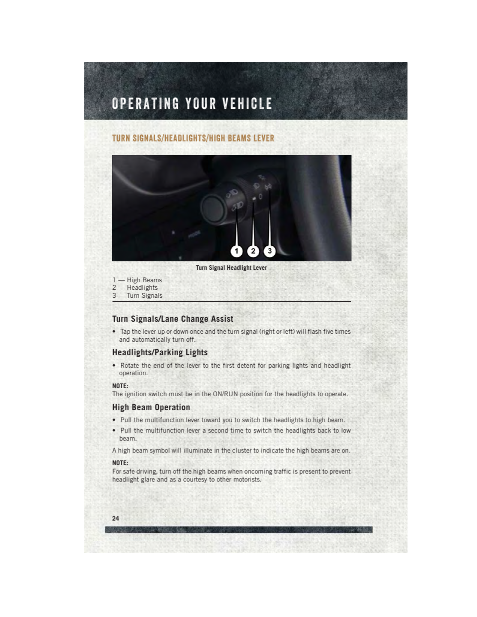 Turn signals/headlights/high beams lever, Turn signals/lane change assist, Headlights/parking lights | High beam operation, Turn signals/headlights/high, Beams lever | Ram Trucks 2015 ProMaster - User Guide User Manual | Page 26 / 140