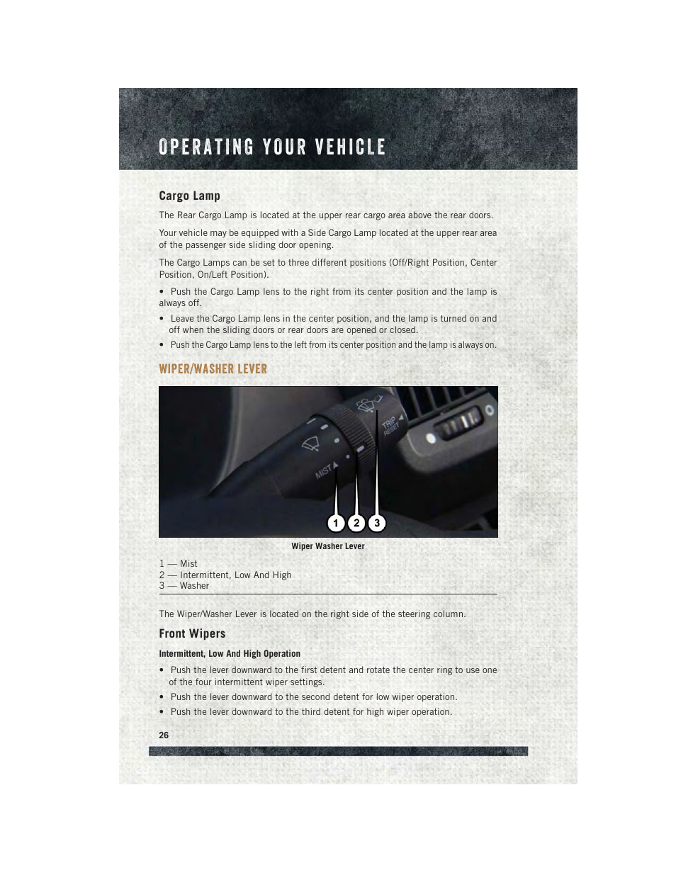 Cargo lamp, Wiper/washer lever, Front wipers | Ram Trucks 2015 ProMaster - User Guide User Manual | Page 28 / 140