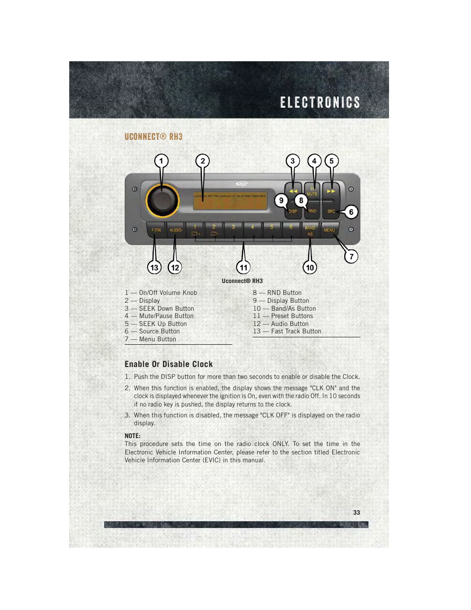 Uconnect® rh3, Enable or disable clock, Uconnect | Ram Trucks 2015 ProMaster - User Guide User Manual | Page 35 / 140