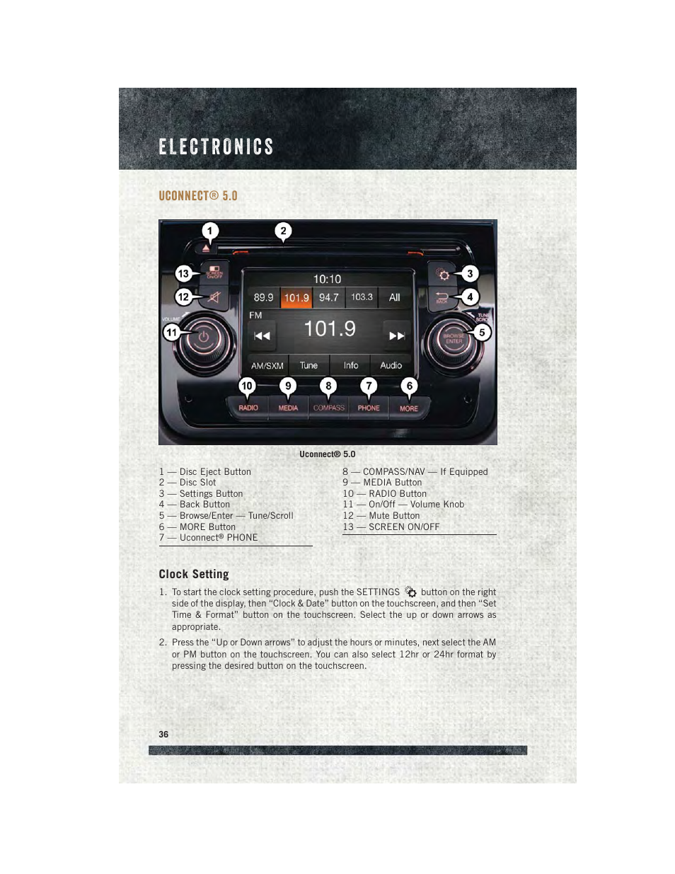 Uconnect® 5.0, Clock setting, Uconnect | Ram Trucks 2015 ProMaster - User Guide User Manual | Page 38 / 140