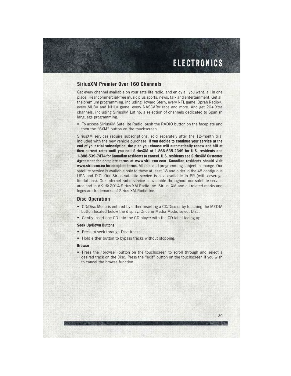 Siriusxm premier over 160 channels, Disc operation | Ram Trucks 2015 ProMaster - User Guide User Manual | Page 41 / 140