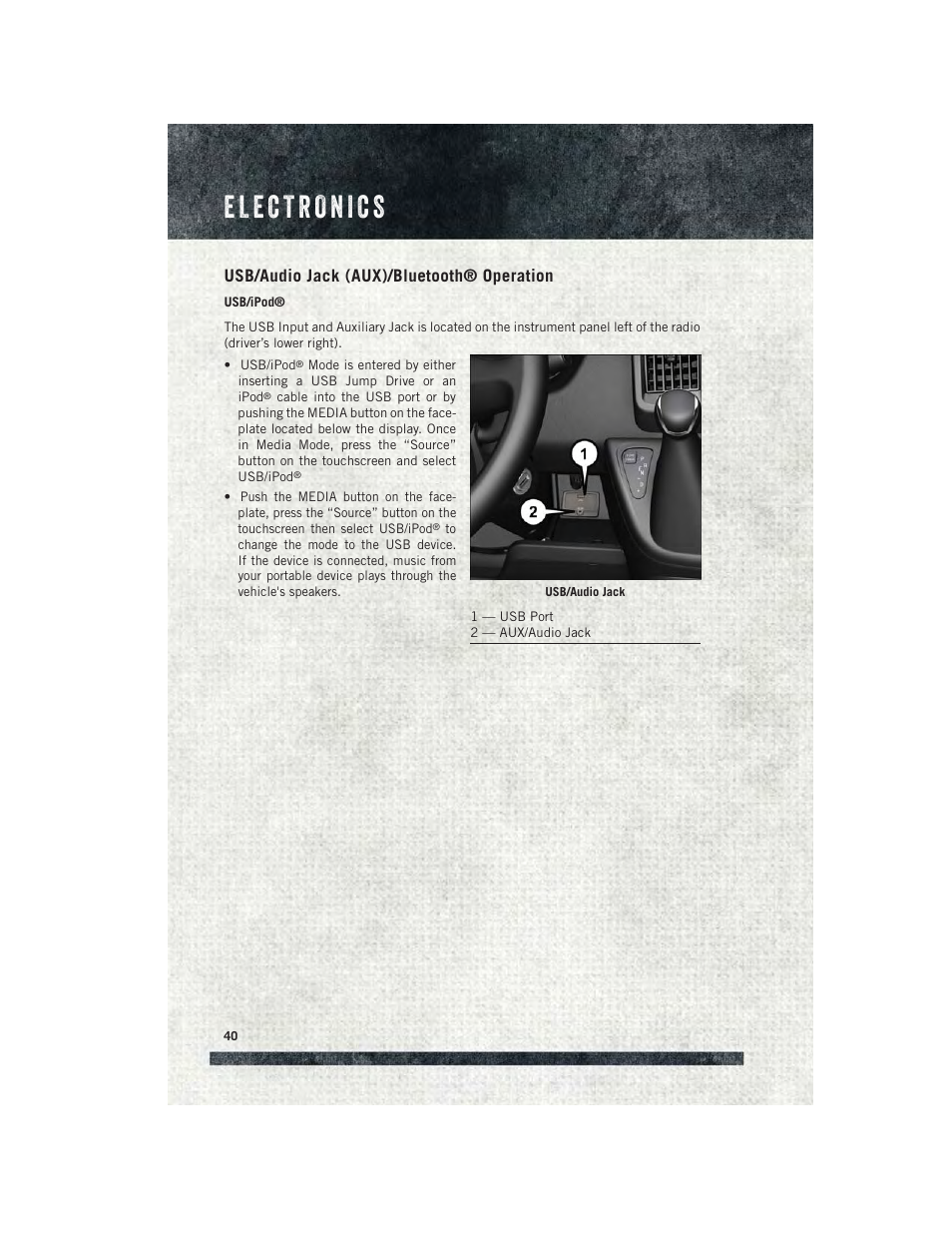 Usb/audio jack (aux)/bluetooth® operation | Ram Trucks 2015 ProMaster - User Guide User Manual | Page 42 / 140