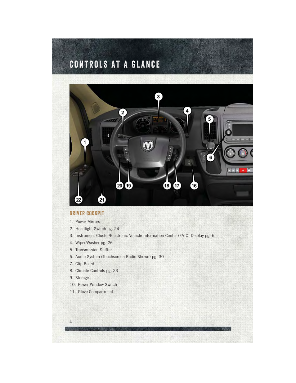 Controls at a glance, Driver cockpit | Ram Trucks 2015 ProMaster - User Guide User Manual | Page 6 / 140
