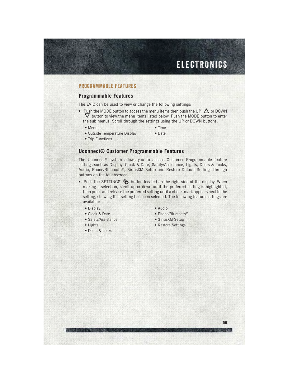 Programmable features, Uconnect® customer programmable features | Ram Trucks 2015 ProMaster - User Guide User Manual | Page 61 / 140