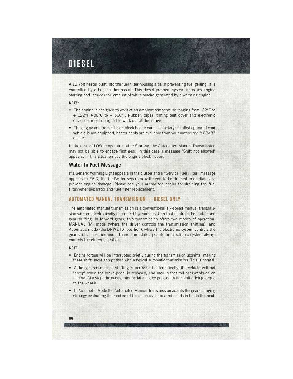 Water in fuel message, Automated manual transmission — diesel only, Automated manual transmission | Diesel only | Ram Trucks 2015 ProMaster - User Guide User Manual | Page 68 / 140