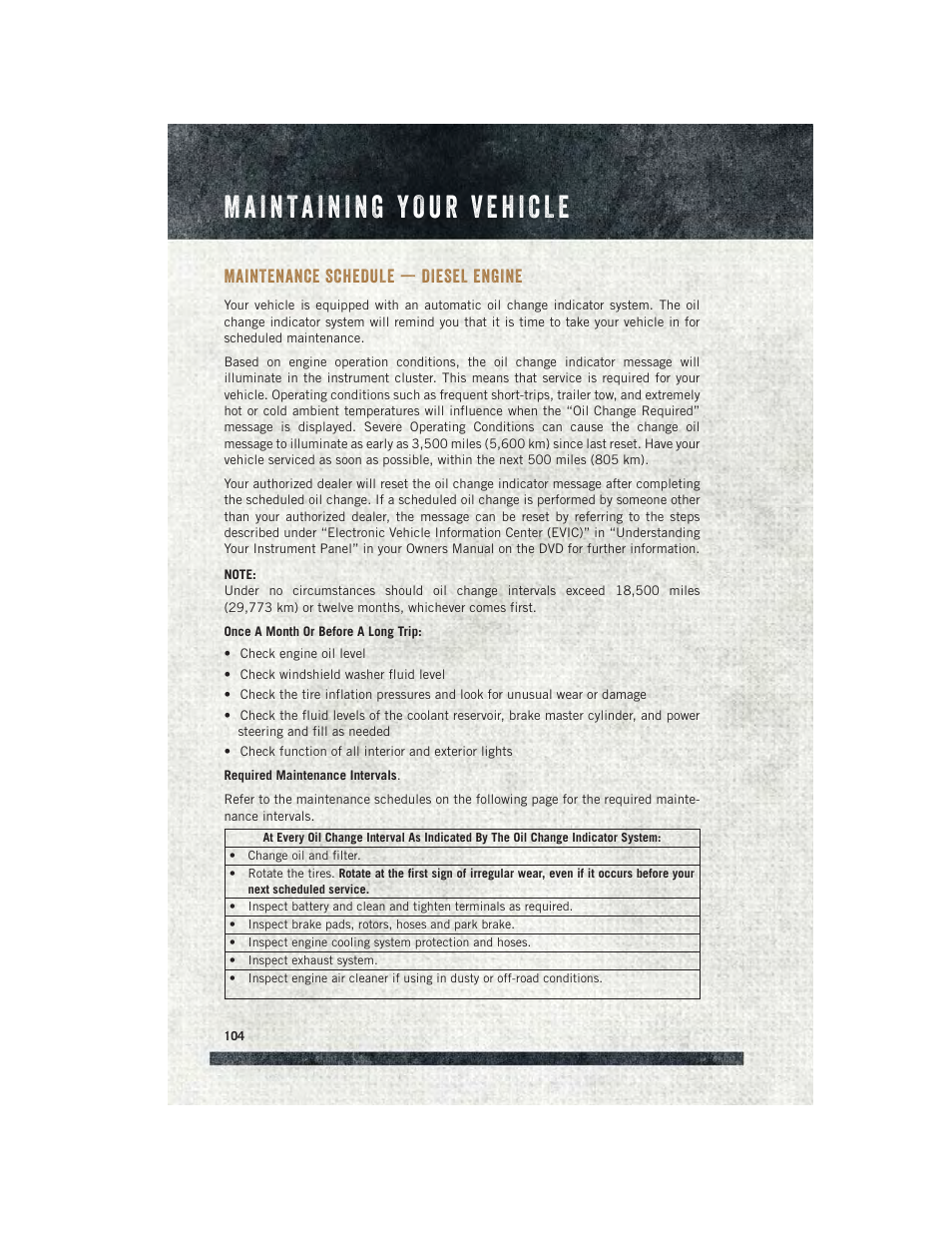 Maintenance schedule — diesel engine | Ram Trucks 2015 ProMaster Commercial - User Guide User Manual | Page 106 / 132