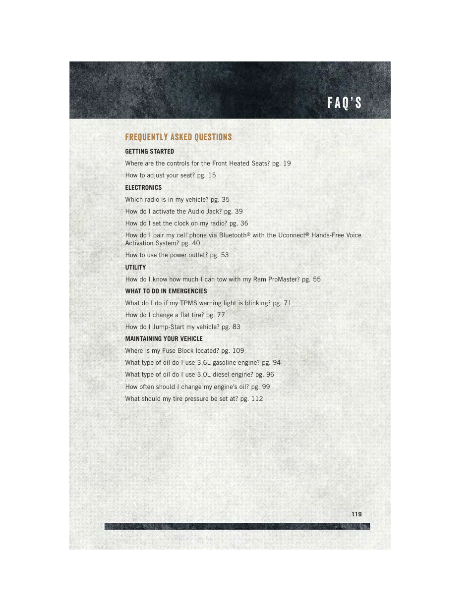 Frequently asked questions, Faq’s, F a q ’ s | Ram Trucks 2015 ProMaster Commercial - User Guide User Manual | Page 121 / 132
