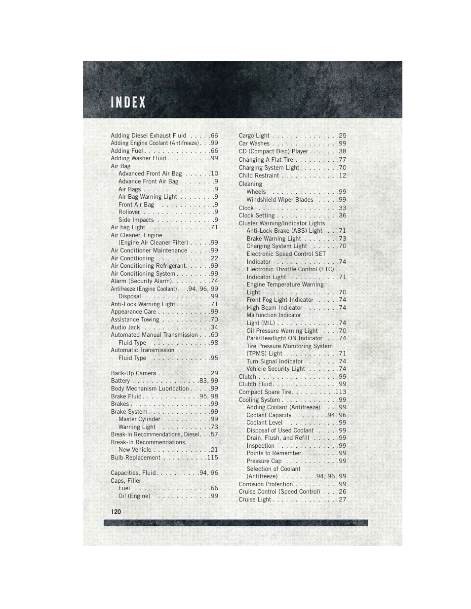 Index | Ram Trucks 2015 ProMaster Commercial - User Guide User Manual | Page 122 / 132