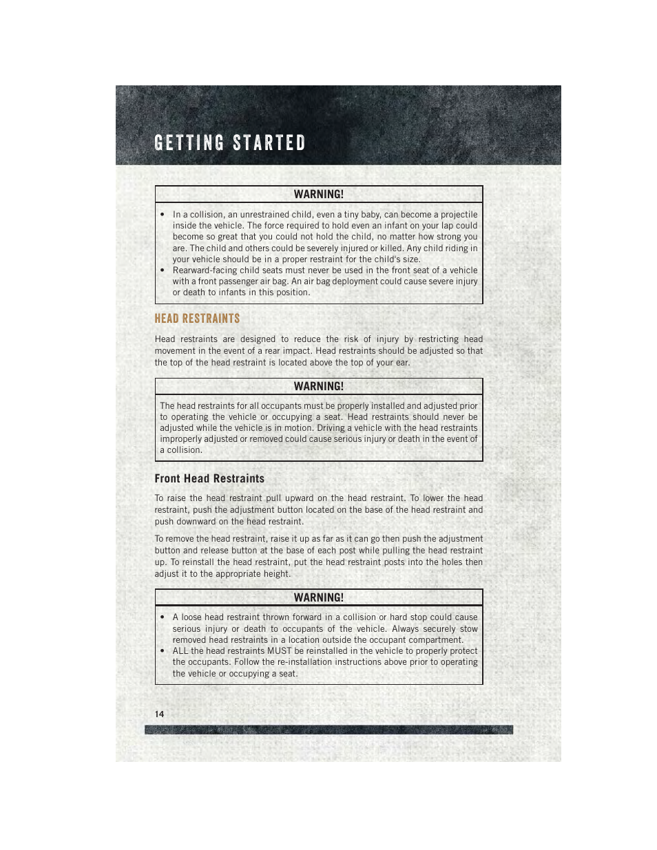 Head restraints, Front head restraints | Ram Trucks 2015 ProMaster Commercial - User Guide User Manual | Page 16 / 132