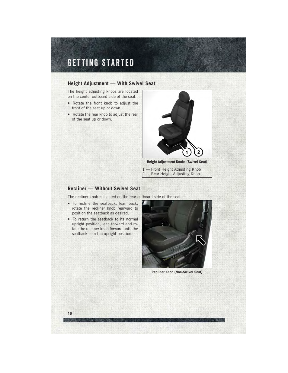 Height adjustment — with swivel seat, Recliner — without swivel seat | Ram Trucks 2015 ProMaster Commercial - User Guide User Manual | Page 18 / 132