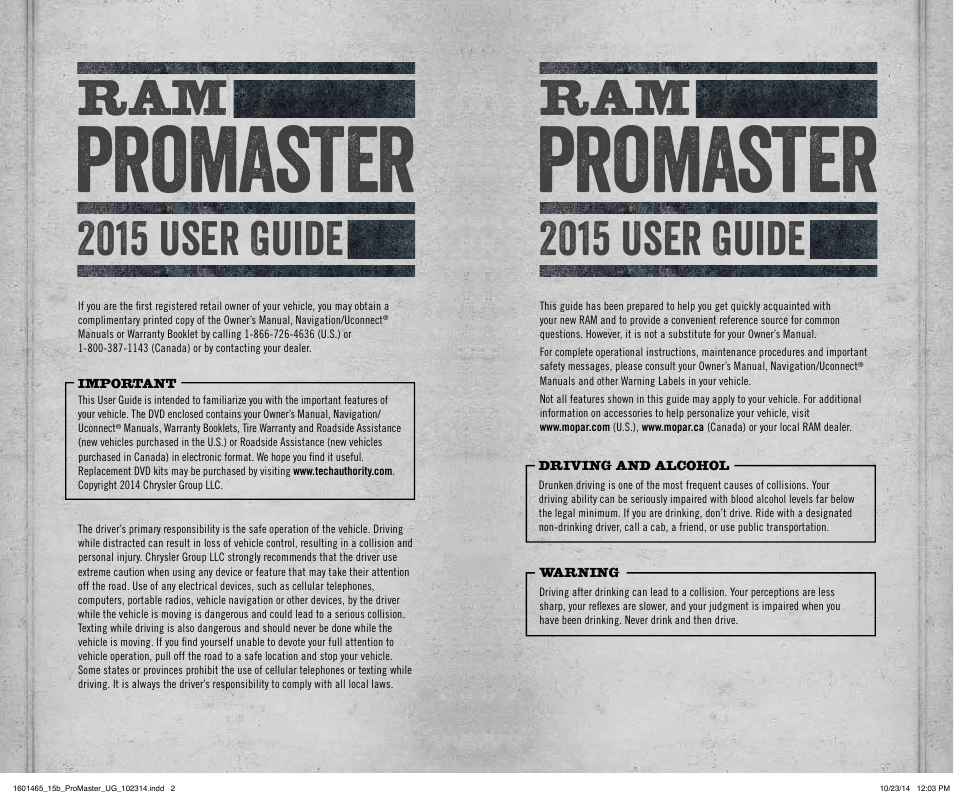 Promaster, 2015 user guide | Ram Trucks 2015 ProMaster Commercial - User Guide User Manual | Page 2 / 132