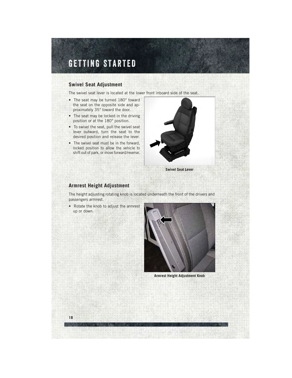 Swivel seat adjustment, Armrest height adjustment | Ram Trucks 2015 ProMaster Commercial - User Guide User Manual | Page 20 / 132