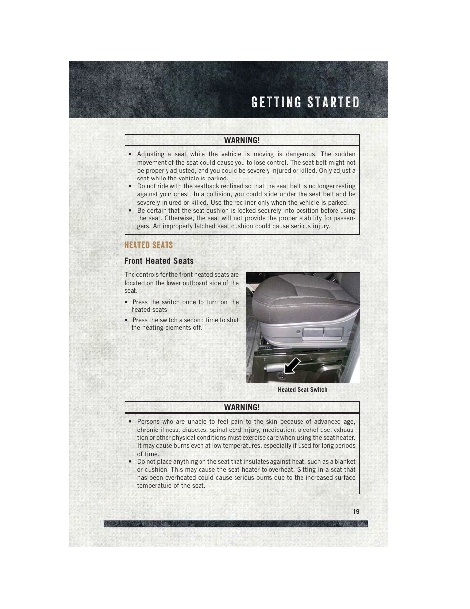 Heated seats, Front heated seats | Ram Trucks 2015 ProMaster Commercial - User Guide User Manual | Page 21 / 132