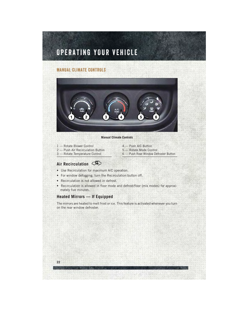 Manual climate controls, Air recirculation, Heated mirrors — if equipped | Ram Trucks 2015 ProMaster Commercial - User Guide User Manual | Page 24 / 132