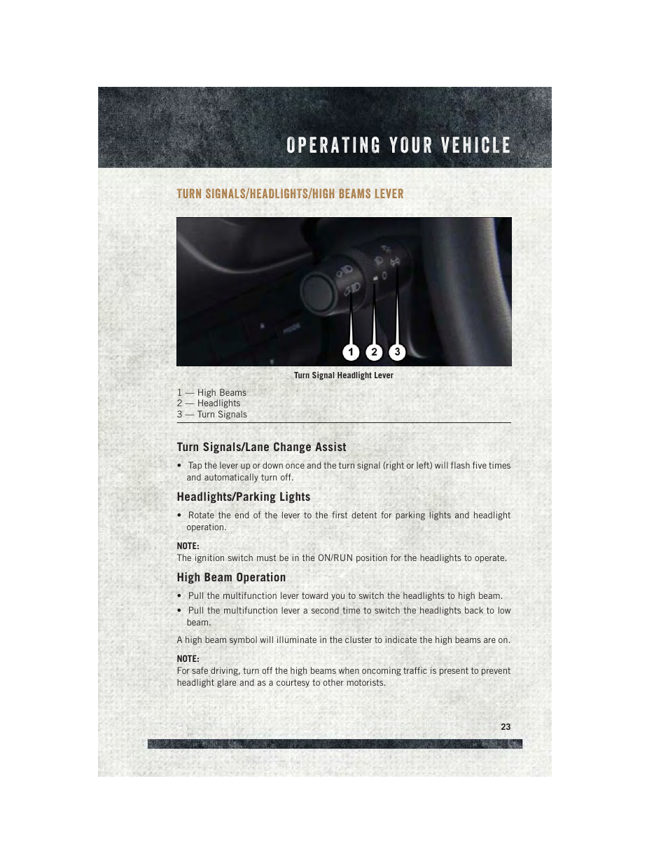 Turn signals/headlights/high beams lever, Turn signals/lane change assist, Headlights/parking lights | High beam operation, Turn signals/headlights/high, Beams lever | Ram Trucks 2015 ProMaster Commercial - User Guide User Manual | Page 25 / 132
