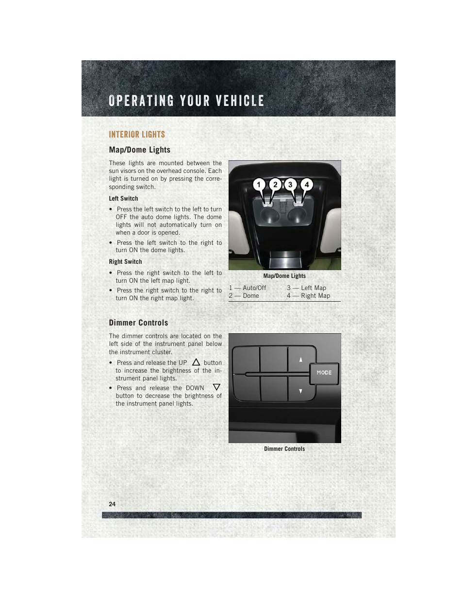 Interior lights, Map/dome lights, Dimmer controls | Ram Trucks 2015 ProMaster Commercial - User Guide User Manual | Page 26 / 132