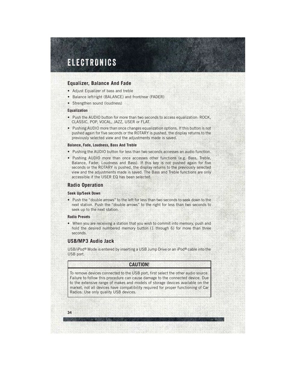 Equalizer, balance and fade, Radio operation, Usb/mp3 audio jack | Ram Trucks 2015 ProMaster Commercial - User Guide User Manual | Page 36 / 132