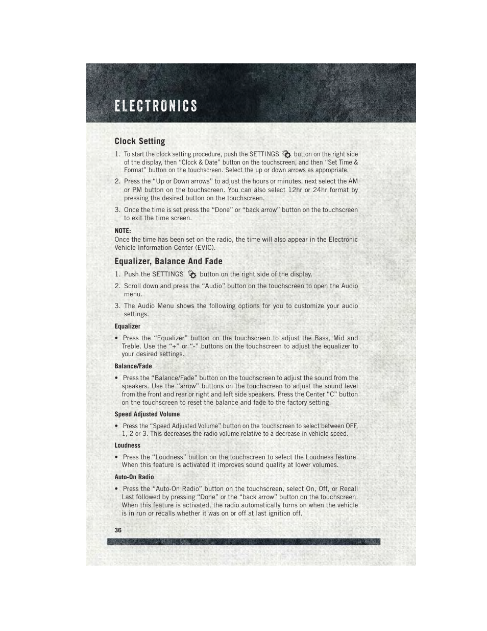 Clock setting, Equalizer, balance and fade | Ram Trucks 2015 ProMaster Commercial - User Guide User Manual | Page 38 / 132