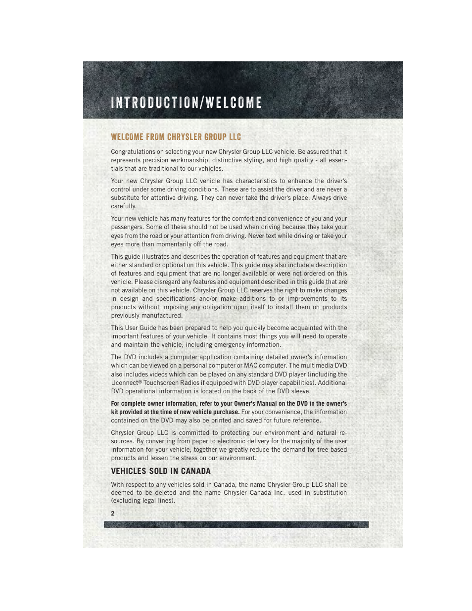 Introduction/ welcome, Welcome from chrysler group llc, Vehicles sold in canada | Introduction/welcome, Welcome from chrysler, Group llc | Ram Trucks 2015 ProMaster Commercial - User Guide User Manual | Page 4 / 132