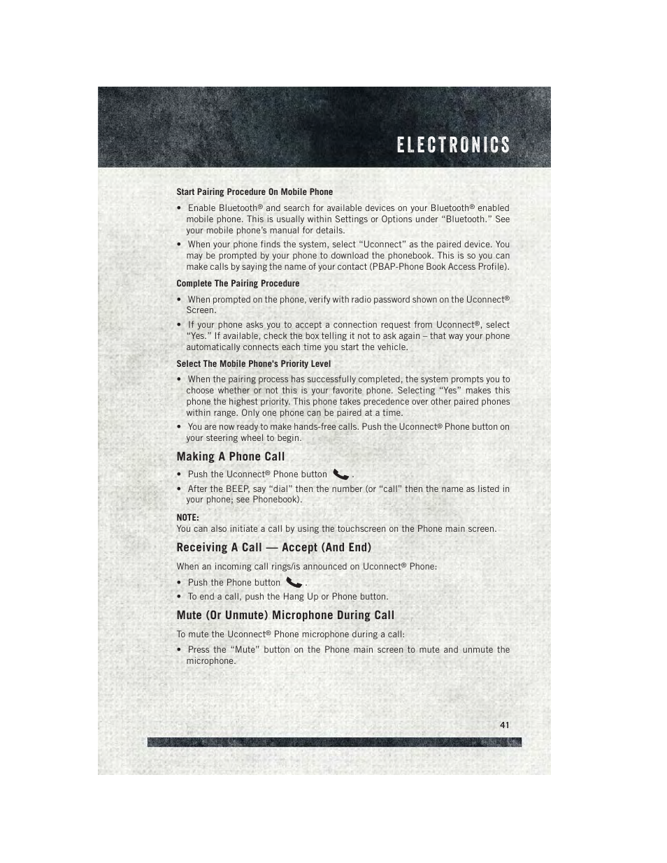 Making a phone call, Receiving a call — accept (and end), Mute (or unmute) microphone during call | Ram Trucks 2015 ProMaster Commercial - User Guide User Manual | Page 43 / 132