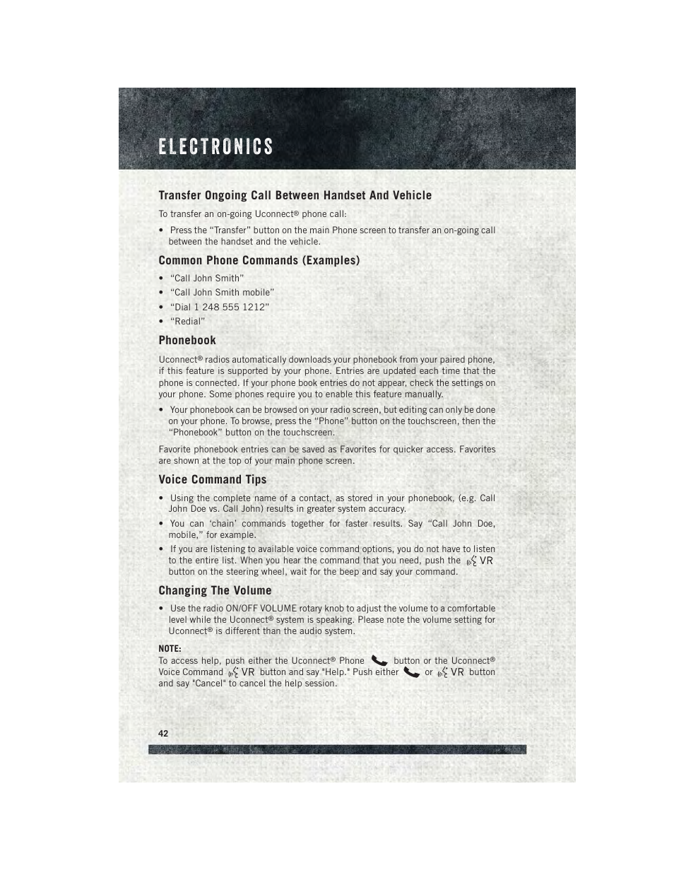 Transfer ongoing call between handset and vehicle, Common phone commands (examples), Phonebook | Voice command tips, Changing the volume | Ram Trucks 2015 ProMaster Commercial - User Guide User Manual | Page 44 / 132