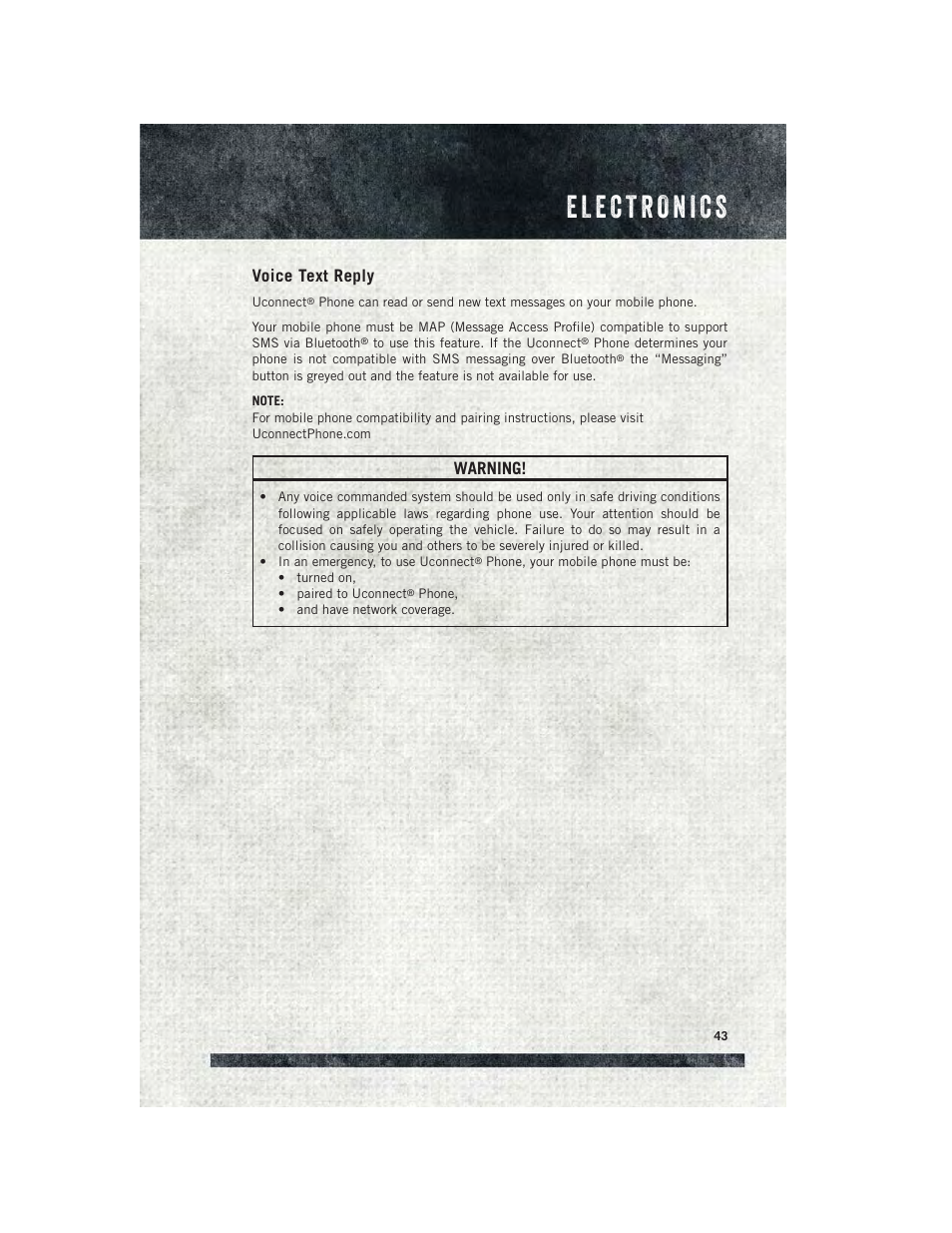 Voice text reply, Warning | Ram Trucks 2015 ProMaster Commercial - User Guide User Manual | Page 45 / 132