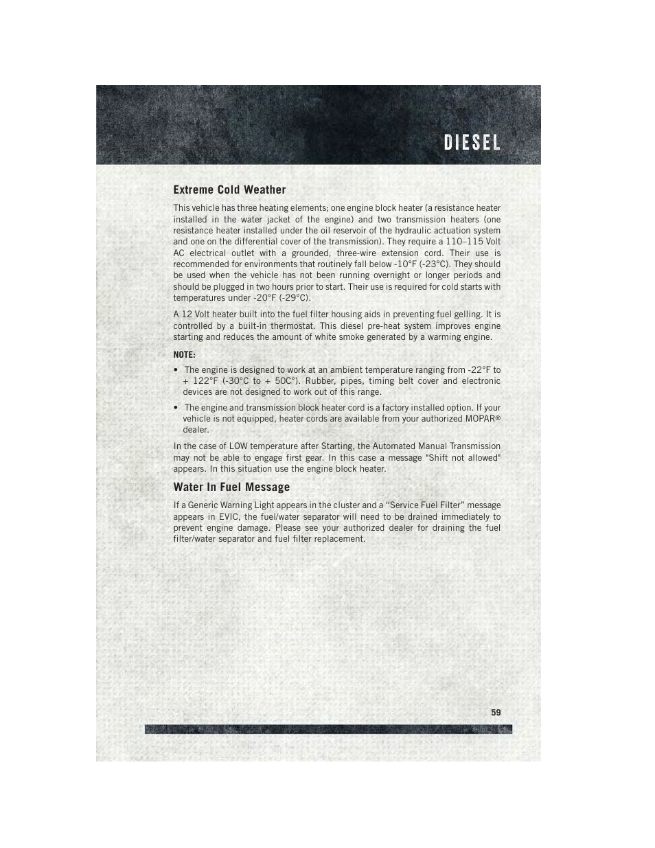 Extreme cold weather, Water in fuel message | Ram Trucks 2015 ProMaster Commercial - User Guide User Manual | Page 61 / 132