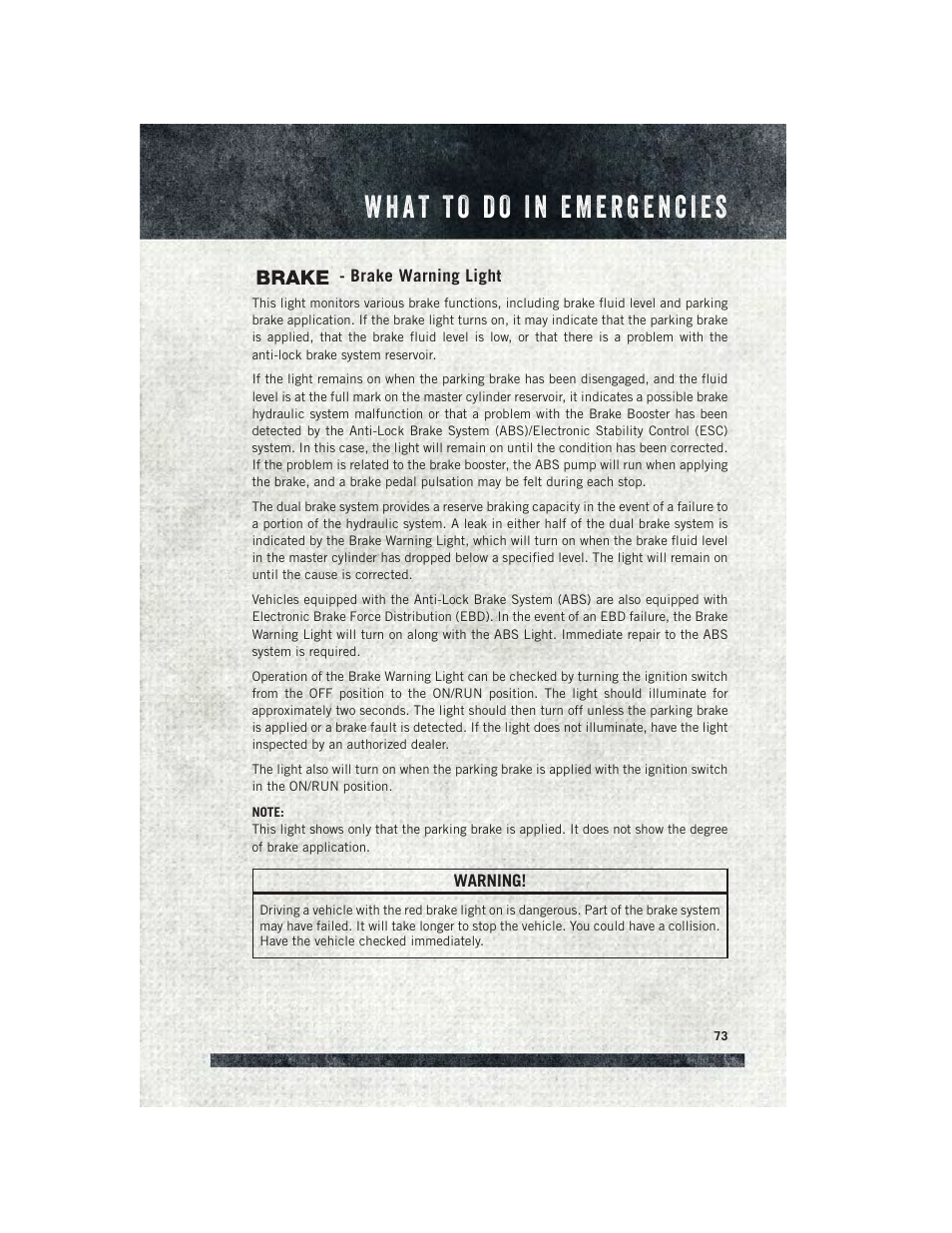 Brake warning light | Ram Trucks 2015 ProMaster Commercial - User Guide User Manual | Page 75 / 132