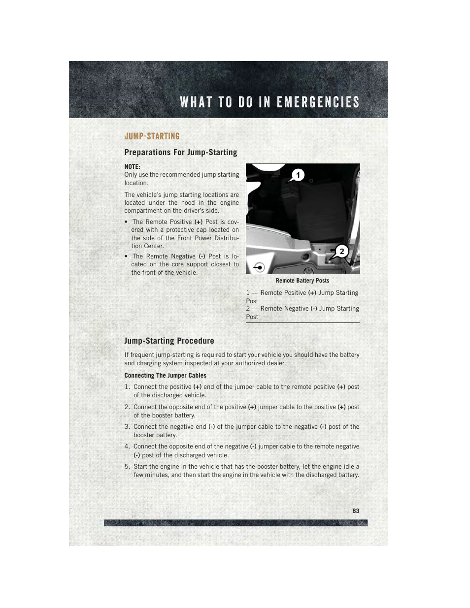 Jump-starting, Preparations for jump-starting, Jump-starting procedure | Ram Trucks 2015 ProMaster Commercial - User Guide User Manual | Page 85 / 132