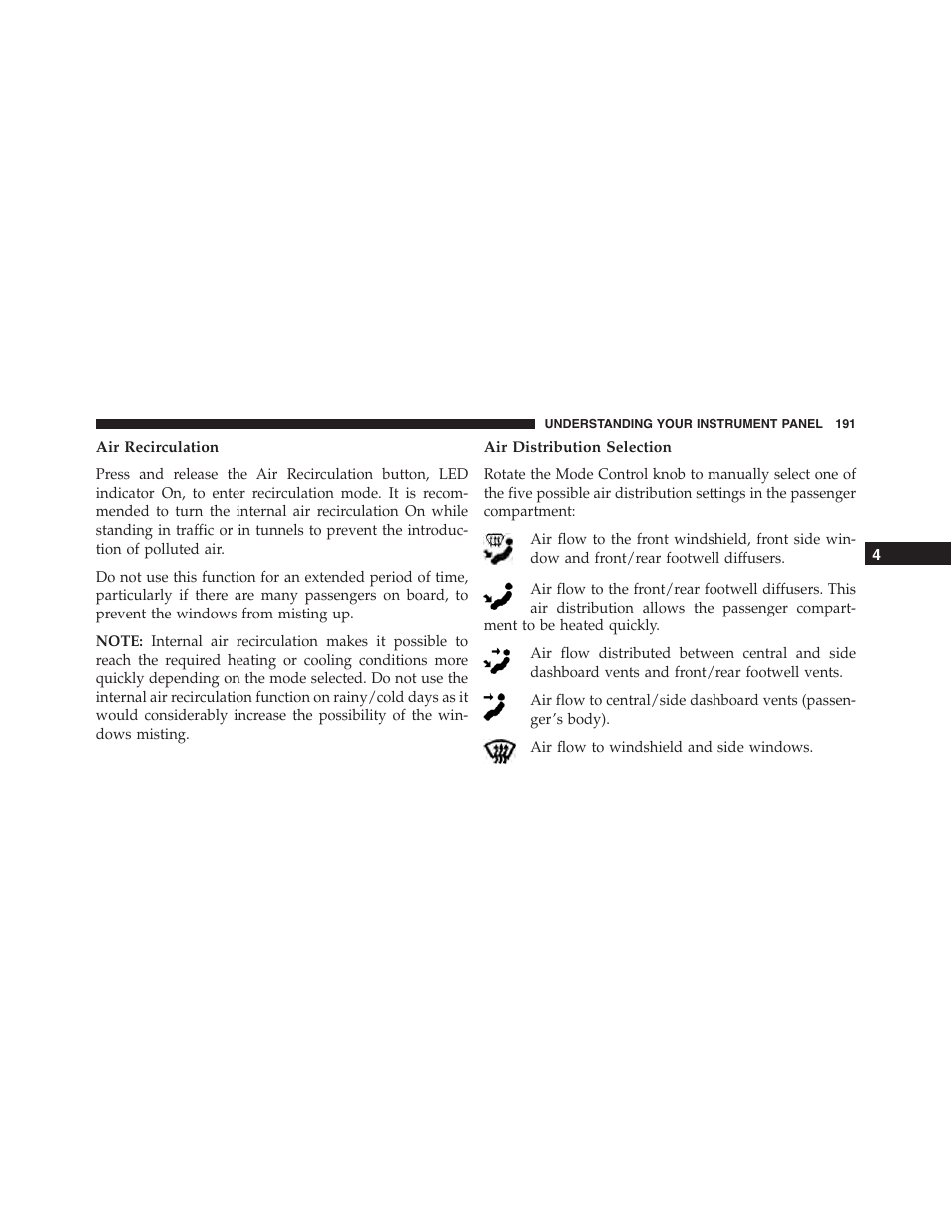 Air recirculation, Air distribution selection | Ram Trucks 2015 ProMaster City - Owner Manual User Manual | Page 193 / 416