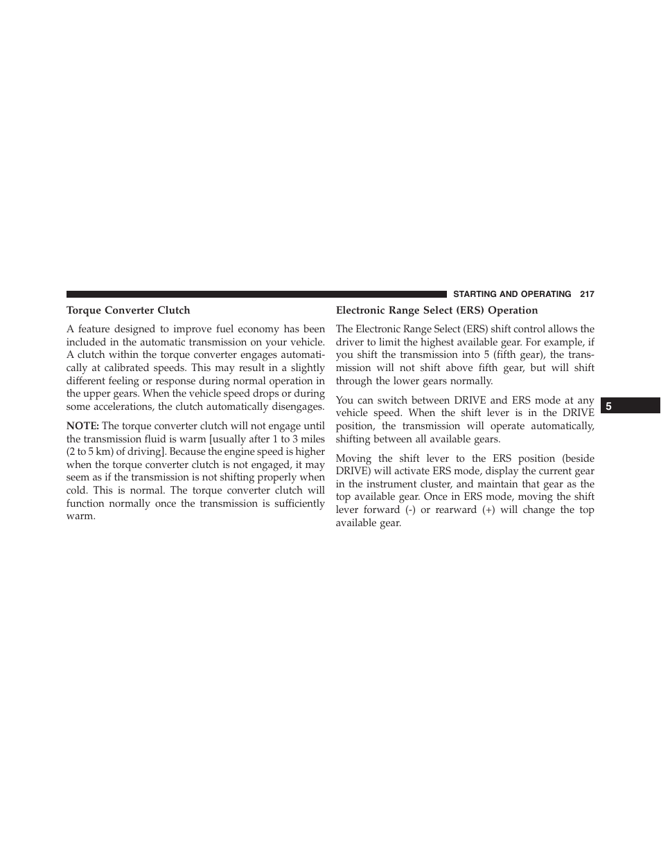 Torque converter clutch, Electronic range select (ers) operation | Ram Trucks 2015 ProMaster City - Owner Manual User Manual | Page 219 / 416