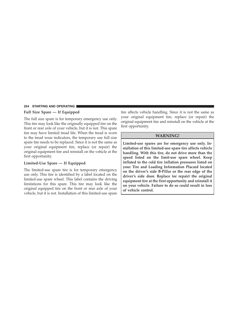 Full size spare — if equipped, Limited-use spare — if equipped | Ram Trucks 2015 ProMaster City - Owner Manual User Manual | Page 256 / 416