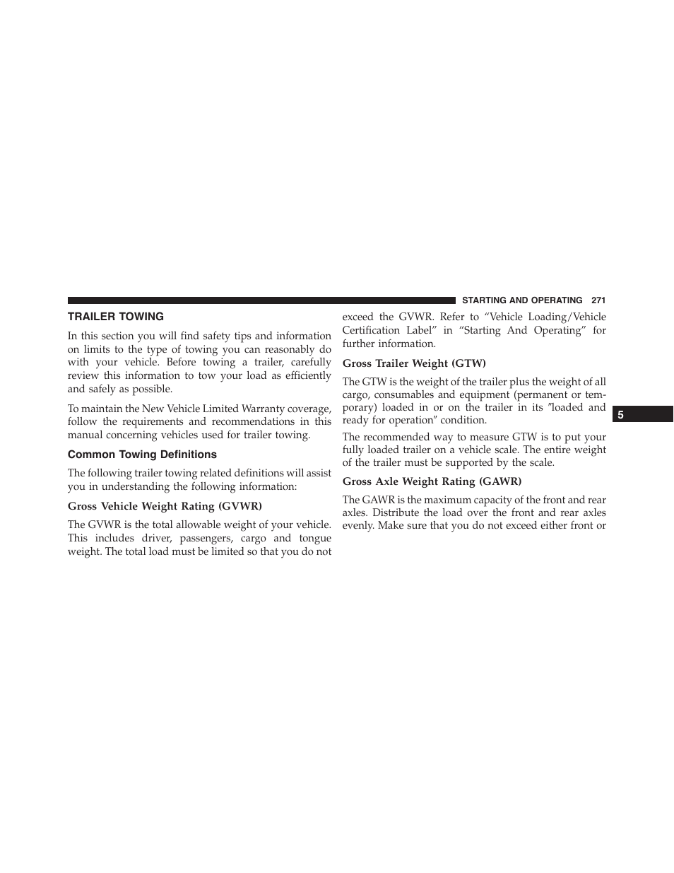 Trailer towing, Common towing definitions, Gross vehicle weight rating (gvwr) | Gross trailer weight (gtw), Gross axle weight rating (gawr) | Ram Trucks 2015 ProMaster City - Owner Manual User Manual | Page 273 / 416