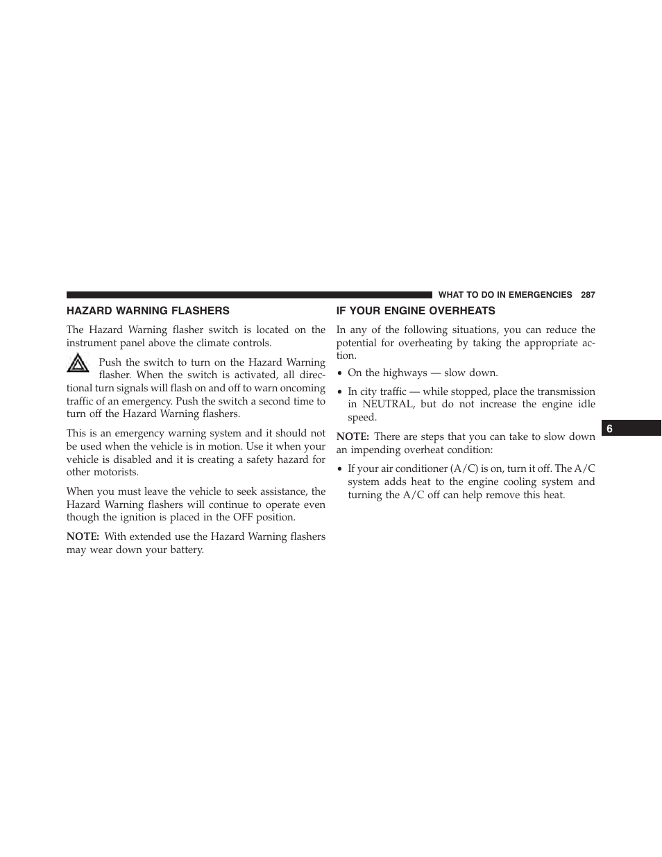 Hazard warning flashers, If your engine overheats | Ram Trucks 2015 ProMaster City - Owner Manual User Manual | Page 289 / 416