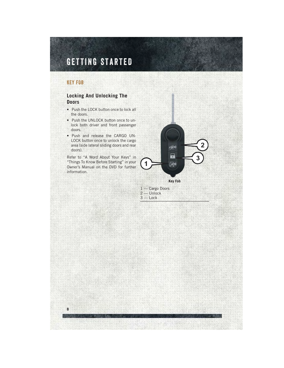 Getting started, Key fob, Locking and unlocking the doors | Ram Trucks 2015 ProMaster City - User Guide User Manual | Page 10 / 124