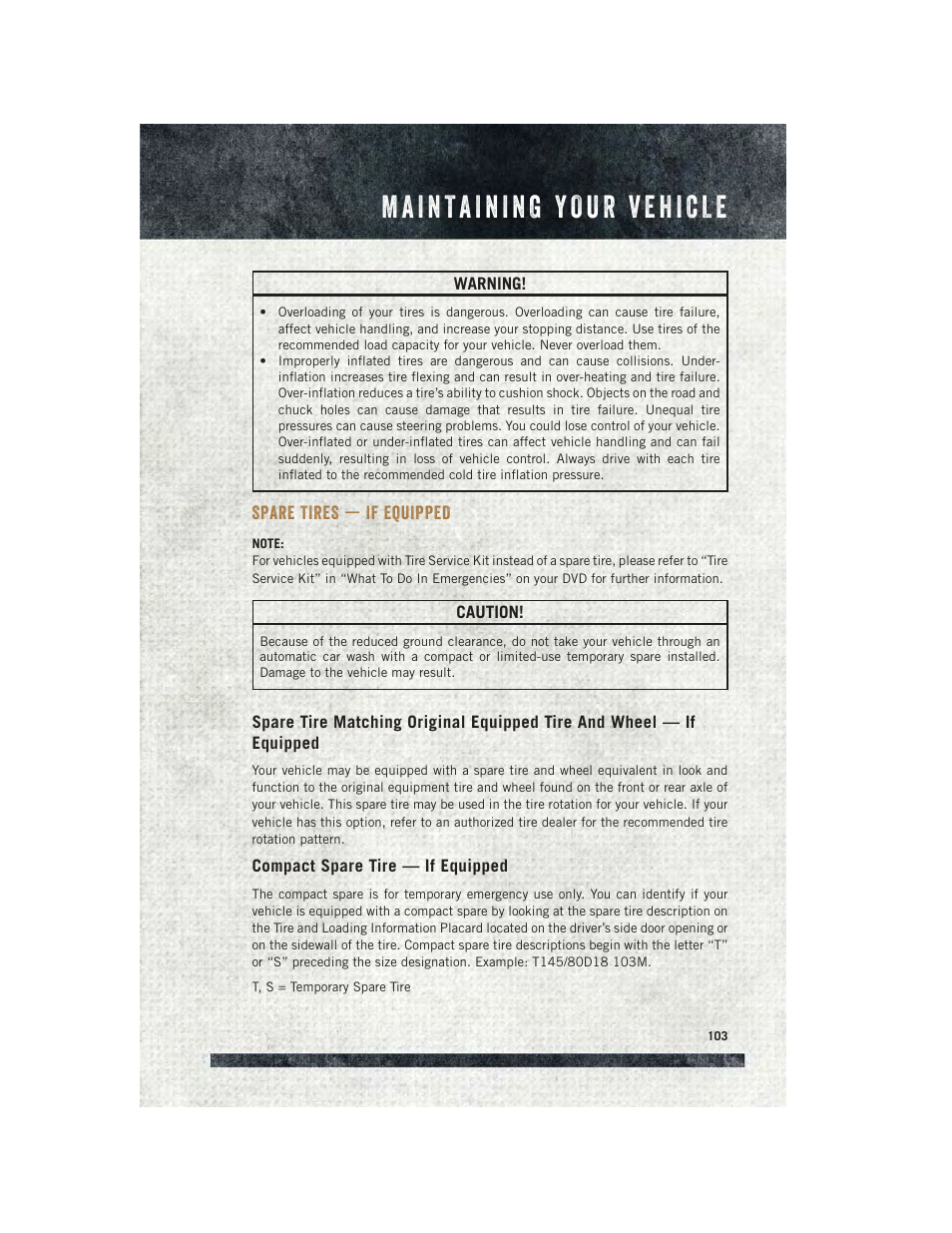 Spare tires — if equipped, Compact spare tire — if equipped | Ram Trucks 2015 ProMaster City - User Guide User Manual | Page 105 / 124