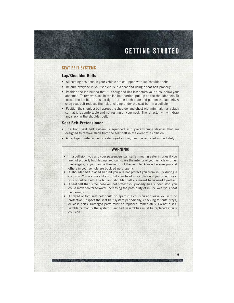Seat belt systems, Lap/shoulder belts, Seat belt pretensioner | Ram Trucks 2015 ProMaster City - User Guide User Manual | Page 11 / 124
