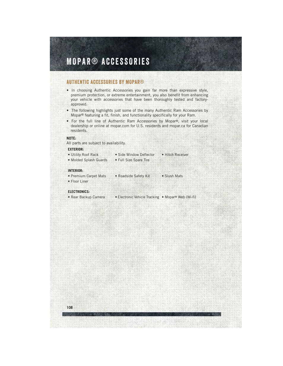 Mopar® accessories, Authentic accessories by mopar, Authentic accessories by | Mopar | Ram Trucks 2015 ProMaster City - User Guide User Manual | Page 110 / 124