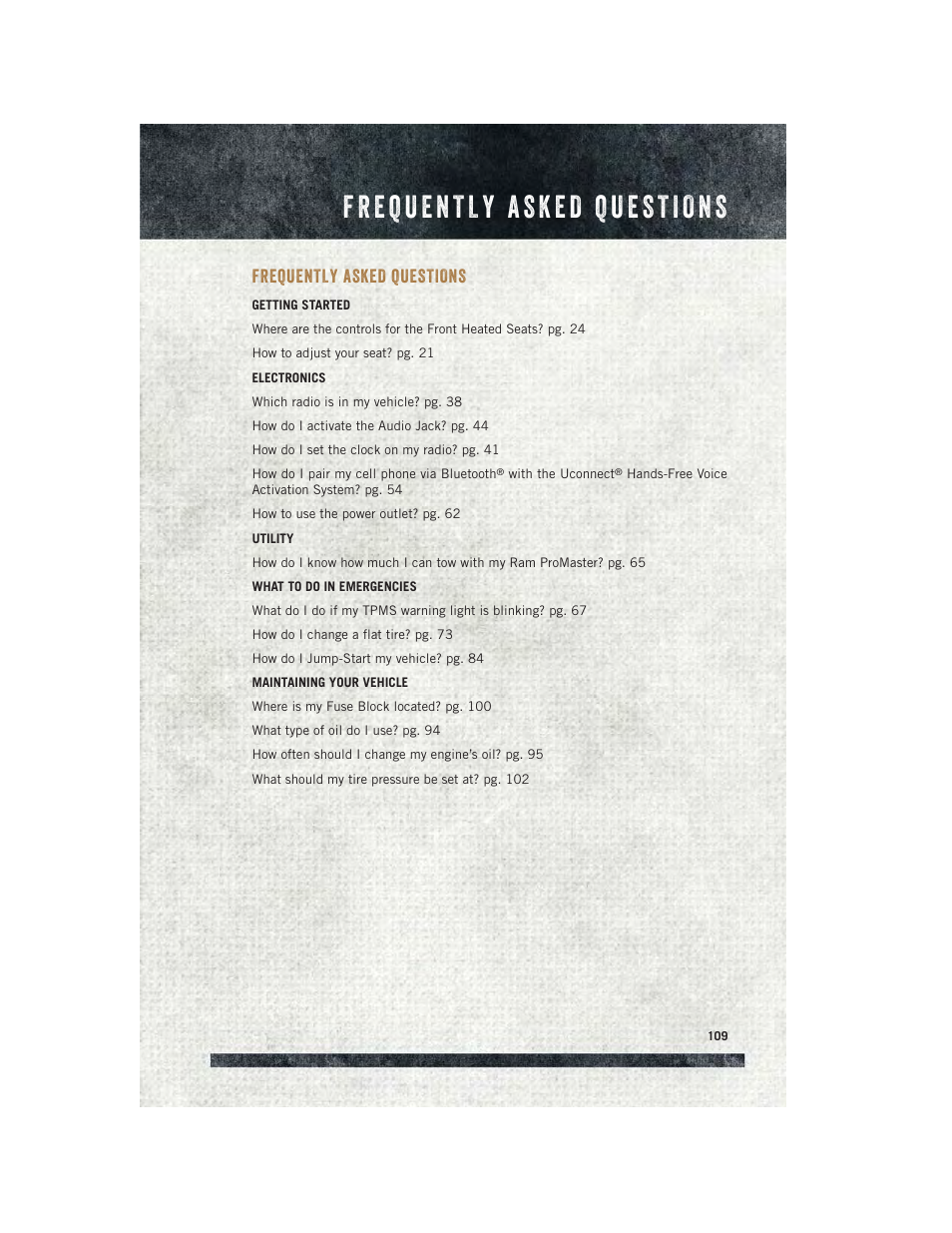 Frequently asked questions | Ram Trucks 2015 ProMaster City - User Guide User Manual | Page 111 / 124