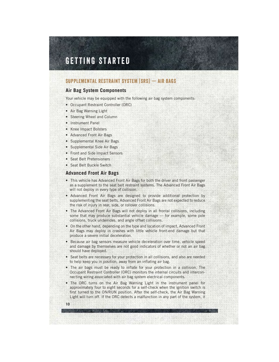 Supplemental restraint system (srs) — air bags, Air bag system components, Advanced front air bags | Supplemental restraint system, Srs) — air bags | Ram Trucks 2015 ProMaster City - User Guide User Manual | Page 12 / 124