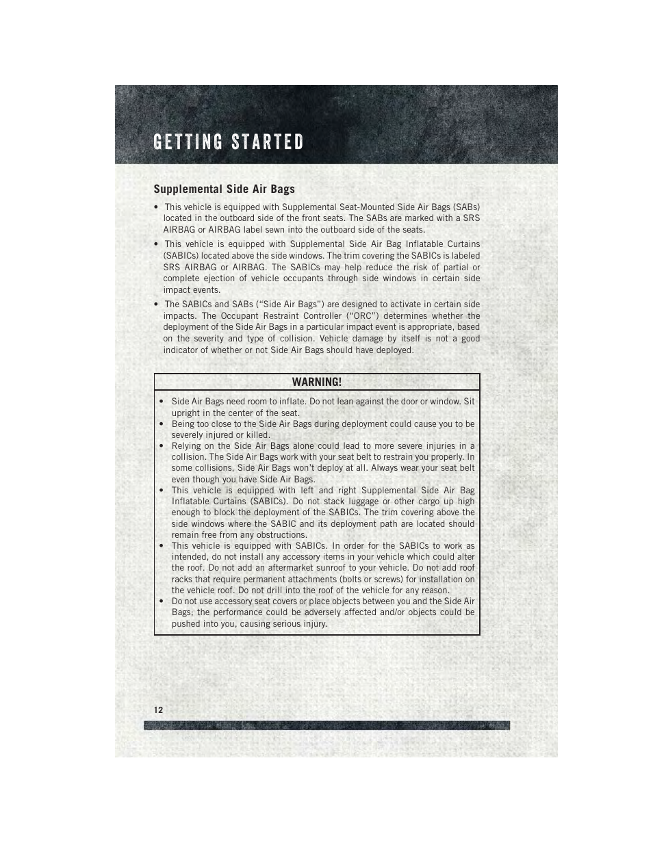 Supplemental side air bags | Ram Trucks 2015 ProMaster City - User Guide User Manual | Page 14 / 124
