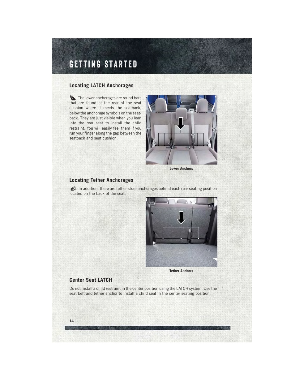 Locating latch anchorages, Locating tether anchorages, Center seat latch | Ram Trucks 2015 ProMaster City - User Guide User Manual | Page 16 / 124