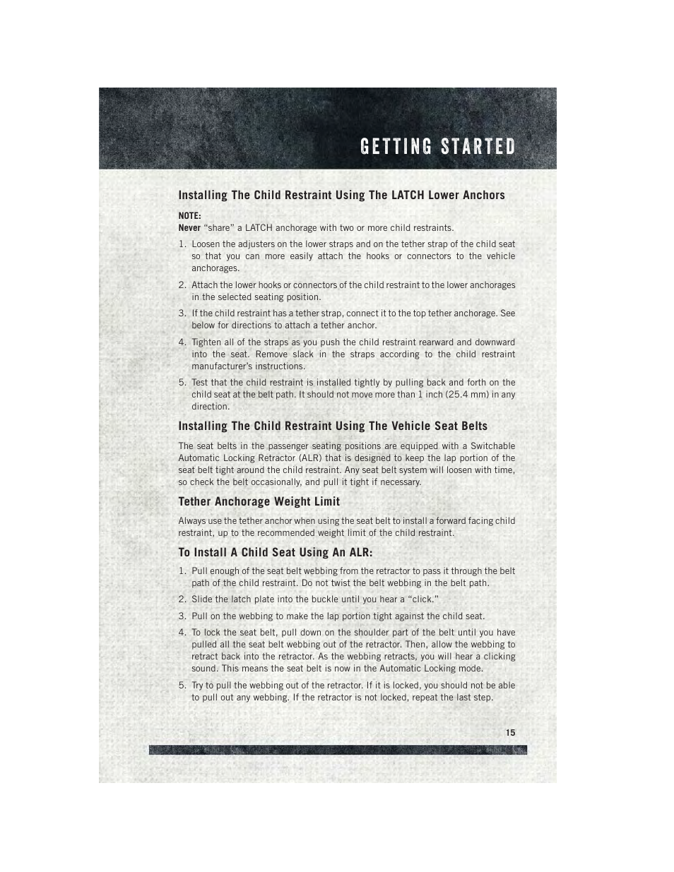 Tether anchorage weight limit, To install a child seat using an alr | Ram Trucks 2015 ProMaster City - User Guide User Manual | Page 17 / 124