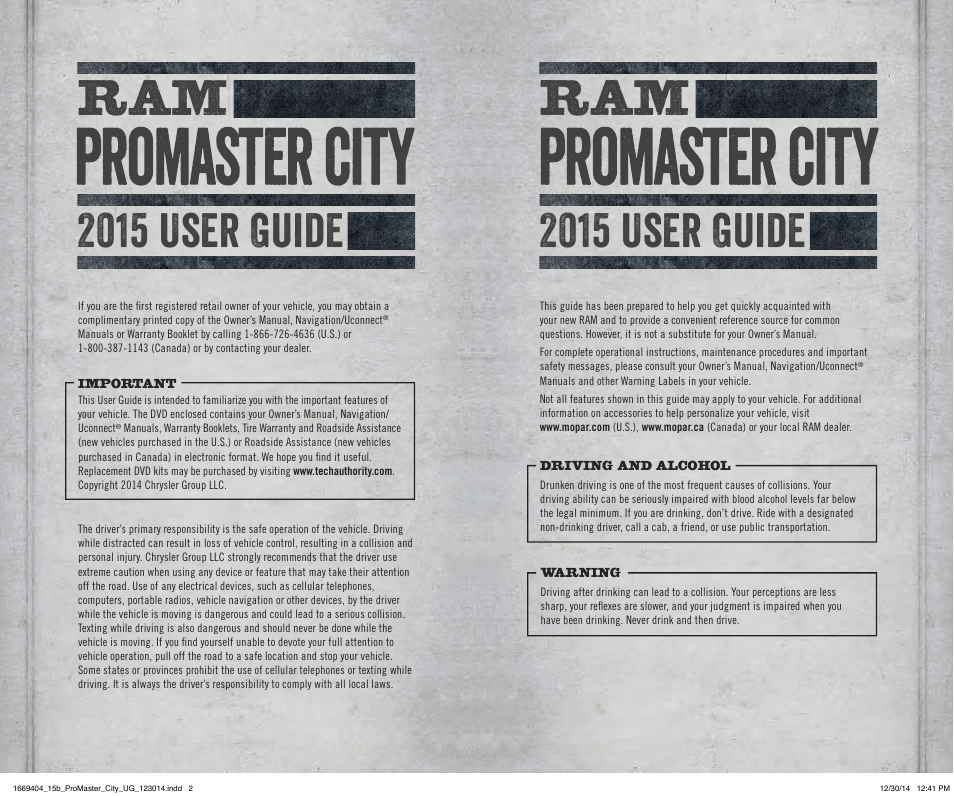 2015 user guide | Ram Trucks 2015 ProMaster City - User Guide User Manual | Page 2 / 124
