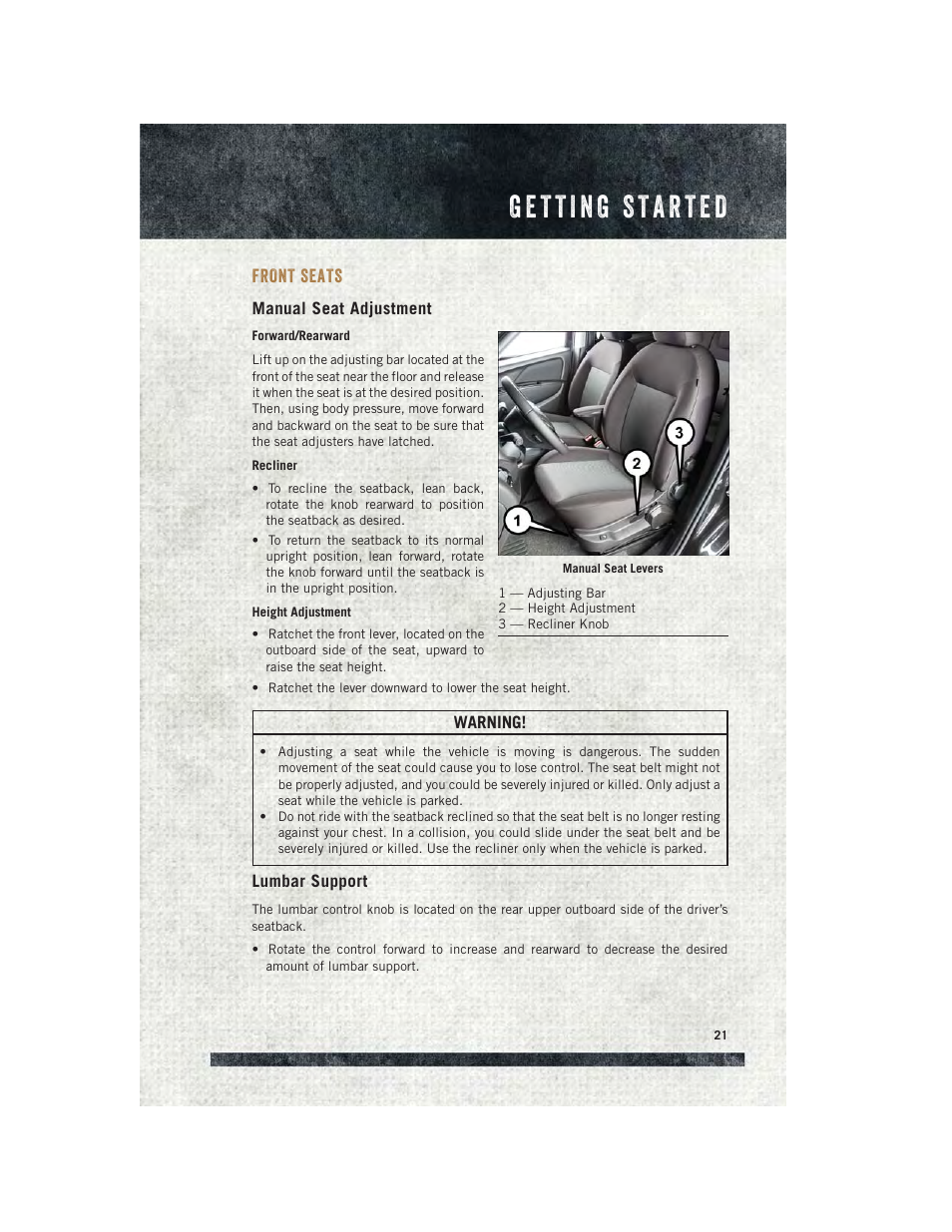 Front seats, Manual seat adjustment, Lumbar support | Ram Trucks 2015 ProMaster City - User Guide User Manual | Page 23 / 124