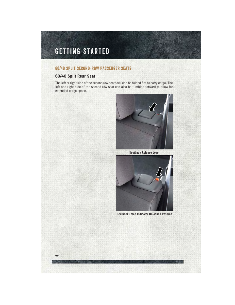60/40 split second-row passenger seats, 60/40 split rear seat, 60/40 split second-row passenger | Seats | Ram Trucks 2015 ProMaster City - User Guide User Manual | Page 24 / 124