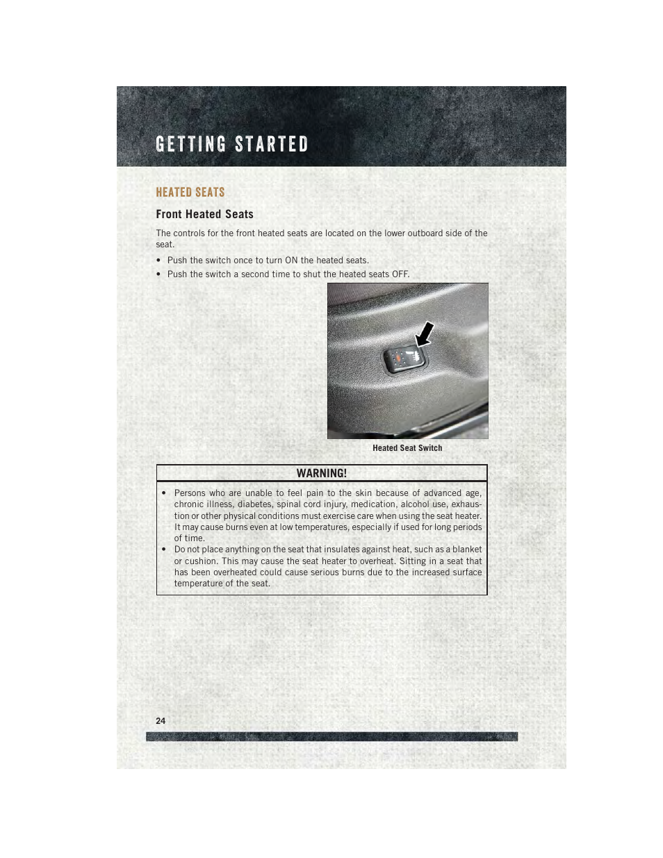 Heated seats, Front heated seats | Ram Trucks 2015 ProMaster City - User Guide User Manual | Page 26 / 124