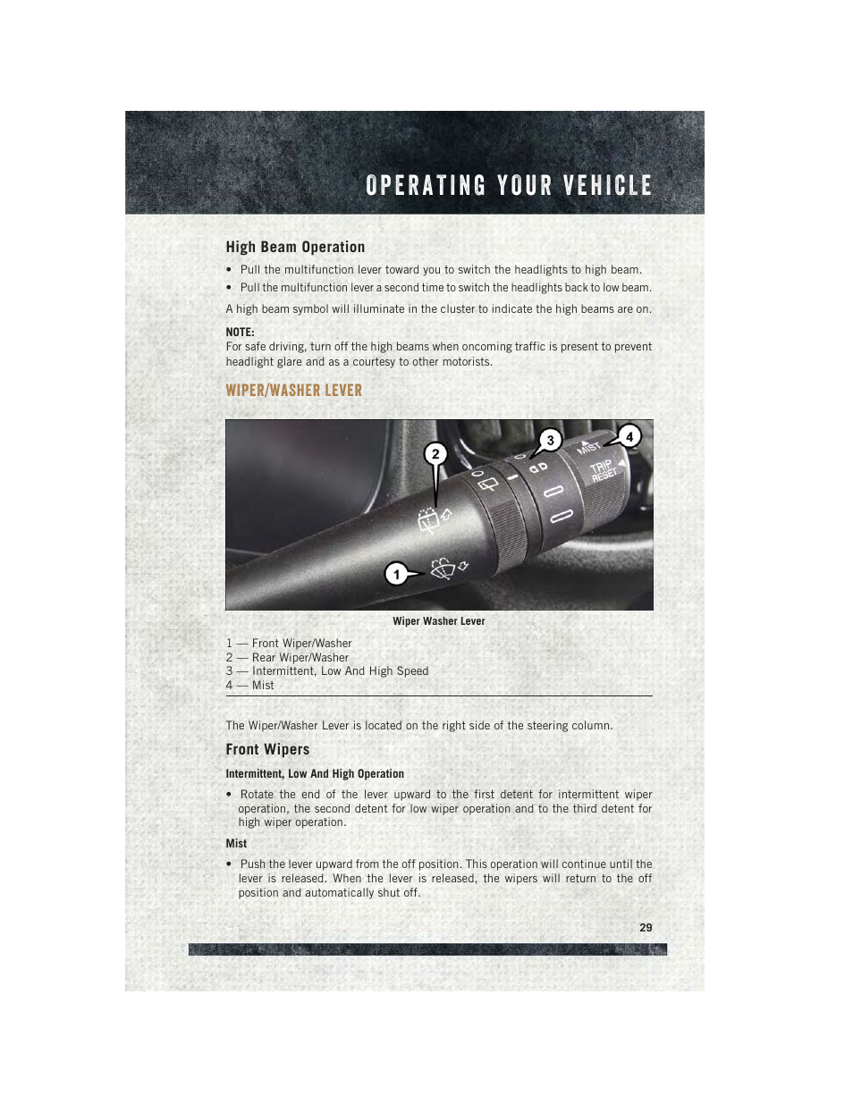 High beam operation, Wiper/washer lever, Front wipers | Ram Trucks 2015 ProMaster City - User Guide User Manual | Page 31 / 124