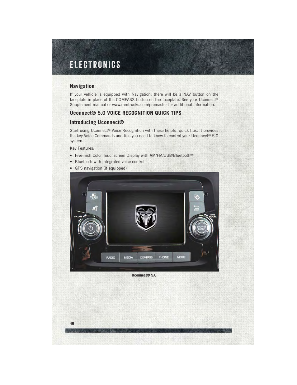 Navigation, Uconnect® 5.0 voice recognition quick tips, Introducing uconnect | Ram Trucks 2015 ProMaster City - User Guide User Manual | Page 48 / 124